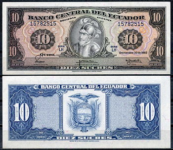 Эквадор 10 сукре 1982 Себастьян де Белалькасар, серия LH Pick 114 b (1)  бумага  UNC (пресс) 447-111-3