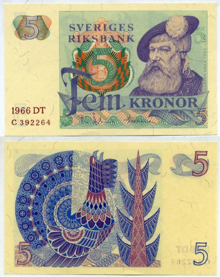 Швеция 5 крон 1966 DT, Густав I Ваза Pick 51a бумага aUNC 2192-6-2