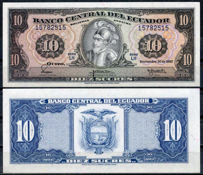 Эквадор 10 сукре 1982 Себастьян де Белалькасар, серия LH Pick 114 b (1)  бумага  UNC (пресс) 447-111-3