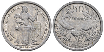 Французская Новая Каледония 50 сантим 1949 птица кагу, заморские территории KM 1 алюминий  aUNC  4609-935