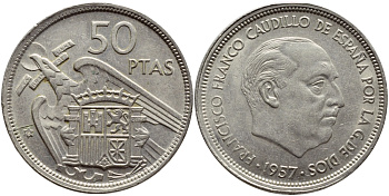 ИСПАНИЯ 50 ПЕСЕТ 1958 1957 ГОД, ФРАНКО KM 788 медно-никель 4389-1121