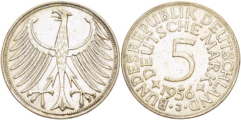 ФРГ 5 марок 1956 J KM 112.1, J. 387 серебро 413-1335