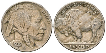 США 5 центов 1935 индеец, бизон KM 134 медно-никель 4614-1212