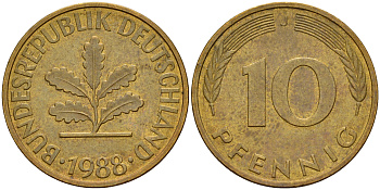 ФРГ 10 пфеннигов 1988 J J. 383, KM 108 сталь плакированная латунью    4603-616