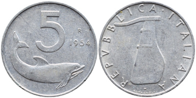 ИТАЛИЯ 5 ЛИР 1954 R, РУЛЬ, ДЕЛЬФИН KM 92 алюминий 4391-1144