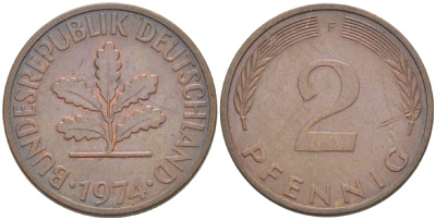 ФРГ 2 ПФЕННИГА 1974 F KM 106а, J. 381а сталь плакированная сталь плакированная медьюю 4181-814