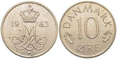 Дания 10 эре 1983 R; B, Маргрете  II (1972-2024) KM 860.3 медно-никель 116-255