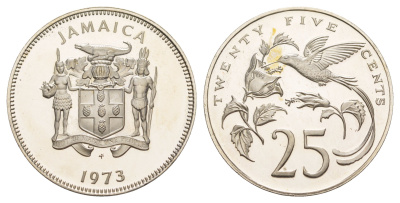 Ямайка 25 центов 1973 FM, тираж 28.000 экземпляров KM 56 медно-никель PROOF 1529-423