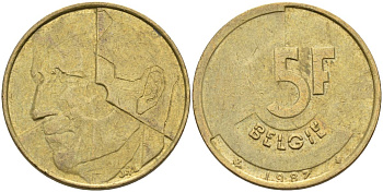 Бельгия 5 франков 1987 Belgie KM 164 алюминиевая бронза 4126-252