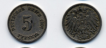 ГЕРМАНИЯ 5 ПФЕННИГОВ 1907 A, KM 11, J. 12 медно-никель 84-1651