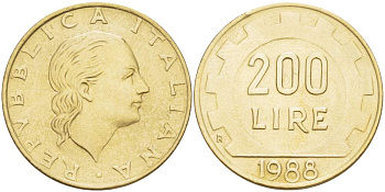 Италия 200 лир 1988 R, шестерня KM 105 алюминиевая бронза 4529-214