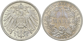 Германия 1 марка 1908 A Weege 18, J. 17, KM 14 серебро aUNC 65-223