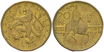 Чехия 20 крон 1998 чешский лев, герцог Вацлав на коне KM 5 сталь плакированная латунью 60-743