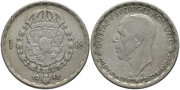 Швеция 1 крона 1945 G, Густав V (1907-1950) KM 814 серебро 202-535