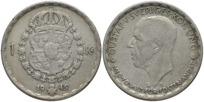 Швеция 1 крона 1945 G, Густав V (1907-1950) KM 814 серебро 202-535