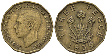 Великобритания 3 пенса 1939 Георг VI (1936-1952) KM 849, Spink 4112 никель латунь 177-726
