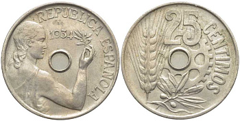 ИСПАНИЯ 25 СЕНТИМО 1934 РЕСПУБЛИКА (1931-1939) KM 751 медно-никель 113-355