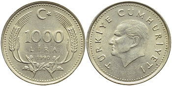 Турция 1000 лир 1990 Кемаль Ататюрк KM 997 медь никель цинк 4397-247