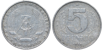 ГДР 5 ПФЕННИГОВ 1968 A KM 9.1 алюминий 62-125