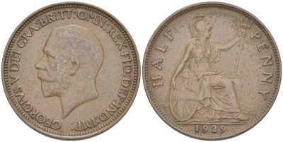 Великобритания 1/2 пенни 1929 Георг V (1910-1936) KM 837, Spink 4058 бронза 4513-635