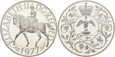 Великобритания 25 пенсов 1977 25 лет со дня коронации Елизаветы, в оригинальной коробке с сертификатом, Елизавета II (1952-2022) KM 920а, Spink 4227 серебро PROOF 7-5-6-34
