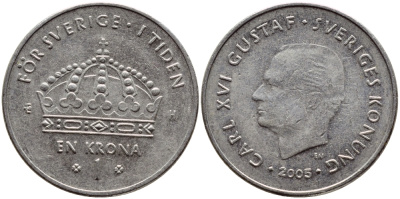 Швеция 1 крона 2005 Карл XVI Густав (1973- ) KM 894 медно-никель 93-1054