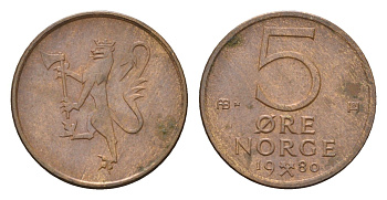 Норвегия 5 эре 1980 Улаф V (1957-1991) KM 415 бронза 4702-267