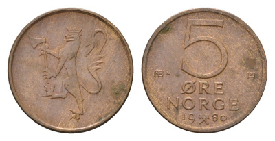 Норвегия 5 эре 1980 Улаф V (1957-1991) KM 415 бронза 4702-267