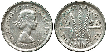 Австралия 3 пенса 1960 m, Елизавета II (1953-) KM 57 серебро 71-657