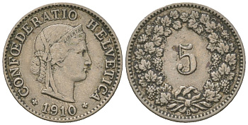 Швейцария 5 раппенов 1910 B KM 26 медно-никель 4160-417