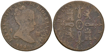 Испания 8 мараведи 1848 JA, Изабелла II (1833-1868) KM 531 медь 92-542