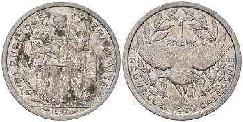 Французская Новая Каледония 1 франк 1997 птица кагу, (IEOM) KM 10, Schoen 10, Lec 52b алюминий 41-725