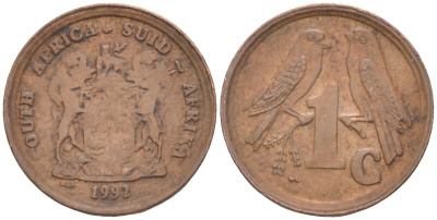 ЮАР 1 цент 1992 ДВЕ ПТИЧКИ НА ВЕТКЕ KM 132 сталь плакированная медью 187-258