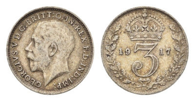 Великобритания 3 пенса 1917 Георг V (1910-1936) KM 813, Spink 4015 серебро 4643-1222