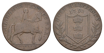 Великобритания, Халл (Йоркшир) 1/2 пенни 1791 Конная статуя Вильгельма III, гурт надпись, токен Dalton Hammer 20 медь 413-2523