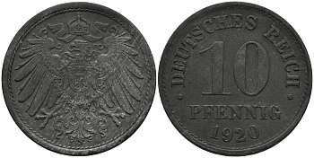Германия 10 пфеннигов 1920 KM 26 цинк 4171-252