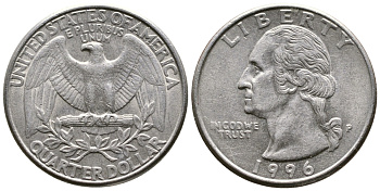 США 25 центов (квотер) 1996 P, Вашингтон KM А164а медь плакированная медно-никелем 23-426