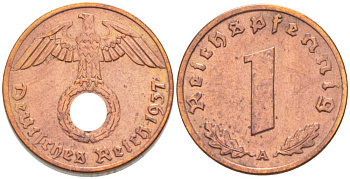 ГЕРМАНИЯ 1 РЕЙХСПФЕННИГ 1937 А KM 89, J. 361 бронза 206-1119