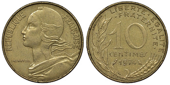 Франция 10 сантимов 1974 тип Marianne KM 929, Le Franc 144.14 медь алюминий никель 4128-157