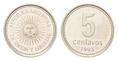 Аргентина 5 сентаво 1993 KM 109a медно-никель UNC 4664-215