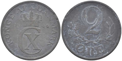 ДАНИЯ 2 ЭРЕ 1944 N; S, КРИСТИАН X (1912-1947) KM 833а цинк 67-515