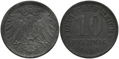 Германия 10 пфеннигов 1920 KM 26, J. 299, Weege 8 цинк 4171-252