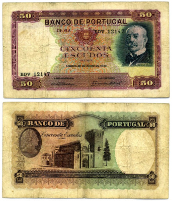 Португалия 50 эскудо 1949 28 июня 1949, Ramalho Ortigгo, ПОДПИСИ Бlvaro Pedro de Sousa & Fernando Enes Ulrich Pick 154. 1949(6) бумага 000-00-00