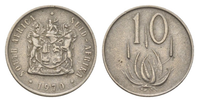 ЮАР 10 центов 1970 герб, цветок алоэ KM 85 никель 4627-219