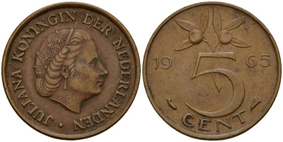 Нидерланды 5 центов 1965 Юлиана (1949-1980) KM 181 бронза 4154-927