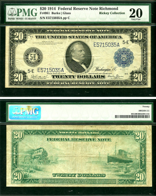 США 20 долларов 1914 National Bank Note, Ричмонд, Гровер Кливленд - 22-й и 24-й президент США, в слабе PCGS 20 Fr 981  бумага   452-1-149