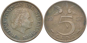 Нидерланды 5 центов 1957 Юлиана (1948-1980) KM 181 бронза 213-1026
