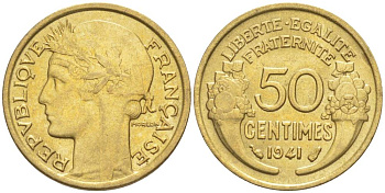 ФРАНЦИЯ 50 САНТИМОВ 1941 ТИП MORLON KM 894.1, LE FRANC 192.18 алюминиевая бронза 44-539