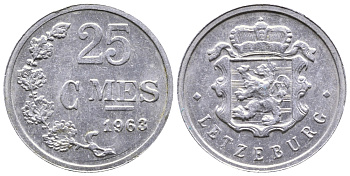ЛЮКСЕМБУРГ 25 САНТИМОВ 1963 KM 45а.1 алюминий 53-145
