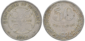 Колумбия 50 сентаво 1921 государственный лепрозорий KM L13 медно-никель 53-943